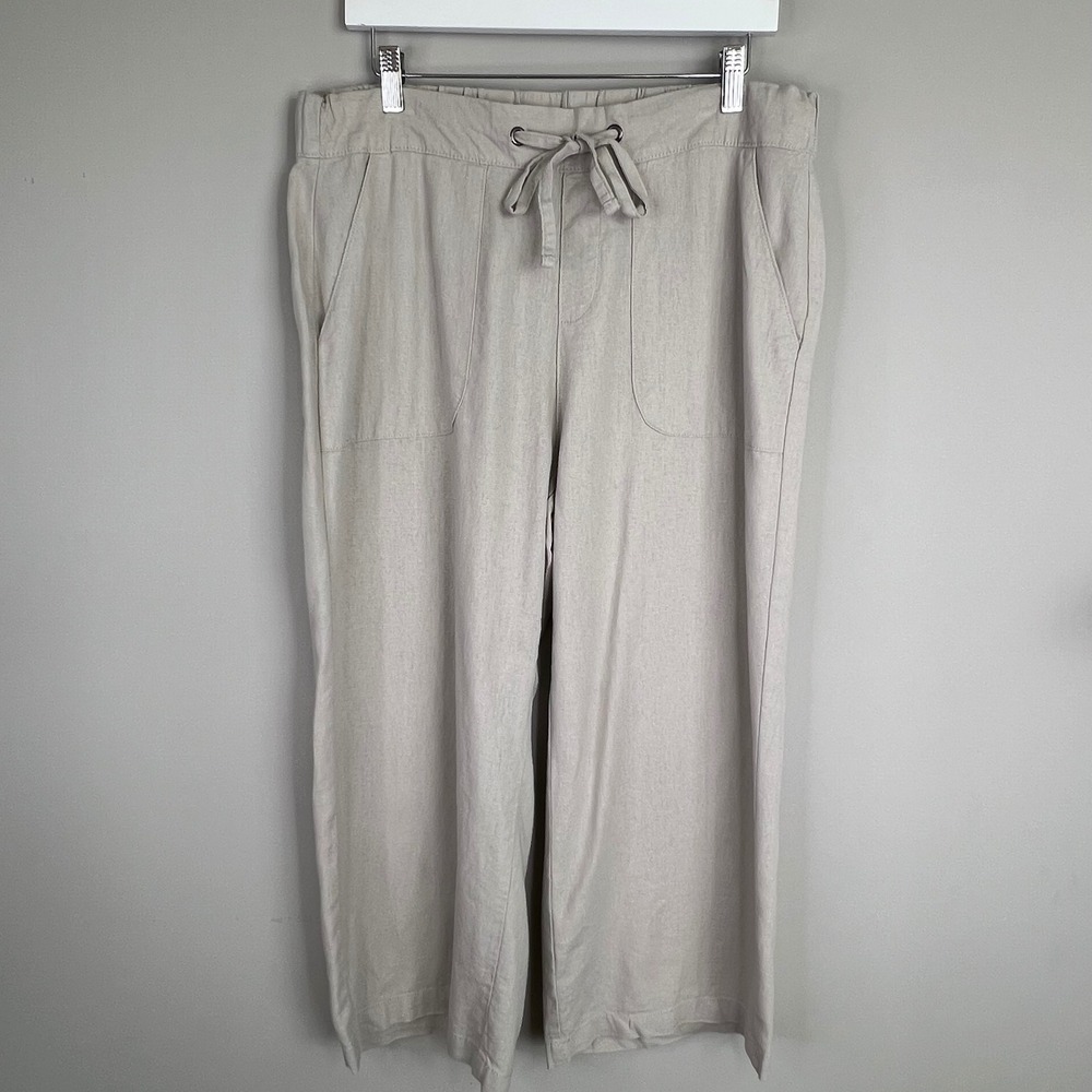 Linen Blend Wide Leg Pants Beige Drawstring Relaxed Coastal‎ Beachy Vacation